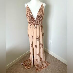 Nude / Rose Gold High Cut Slit Sequin Maxi Dress Gown - No Size Tag